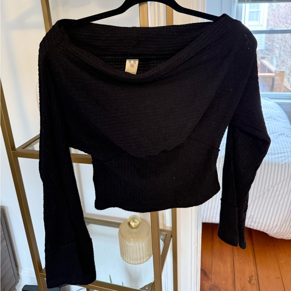 Free People Black Off-Shoulder Long Sleeve Crop Top | Small